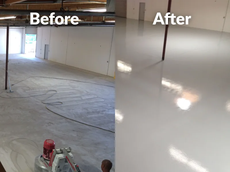 A commercial workroom during floor preparation beside the finished light-gray floor.