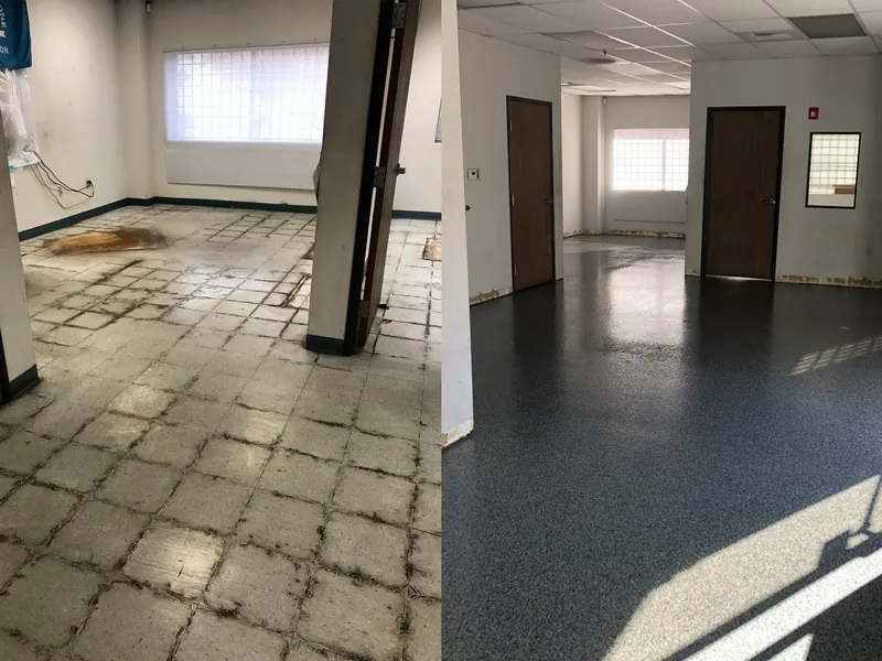 A worn commercial floor beside the completed dark speckled finish in adjoining rooms.