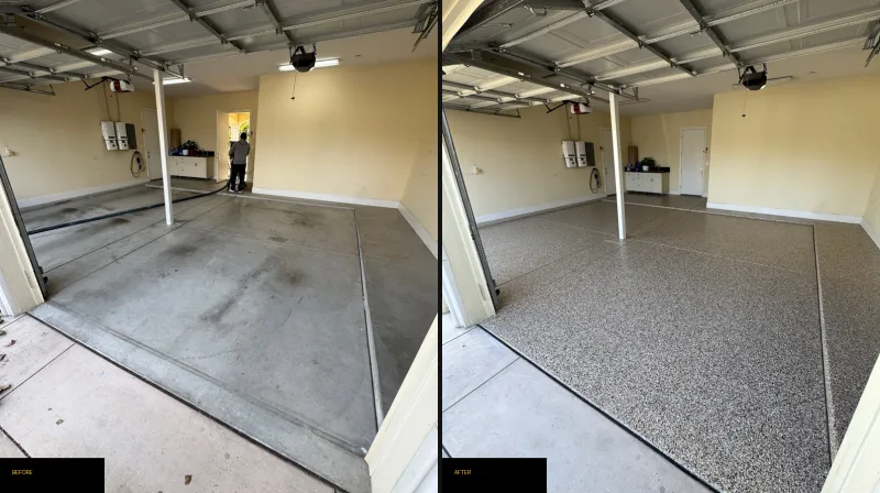 Before and after views of a double garage with a central post and a warm gray floor finish.