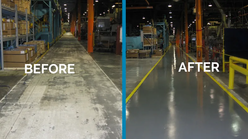A factory aisle before and after a gray floor coating with yellow boundary lines.