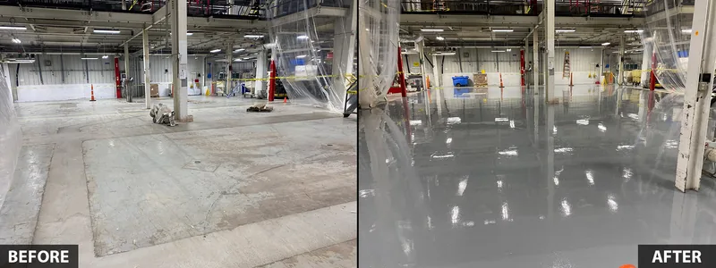 A large factory floor before and after a reflective gray coating, with columns and equipment visible.