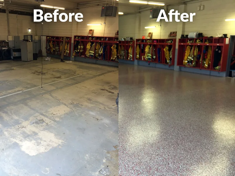 A fire station gear room with a worn floor beside the finished gray speckled coating.