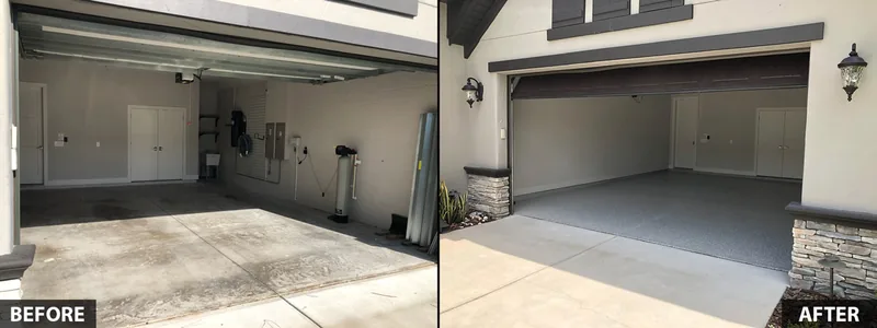 An unfinished garage slab beside the finished gray floor, viewed from the driveway.