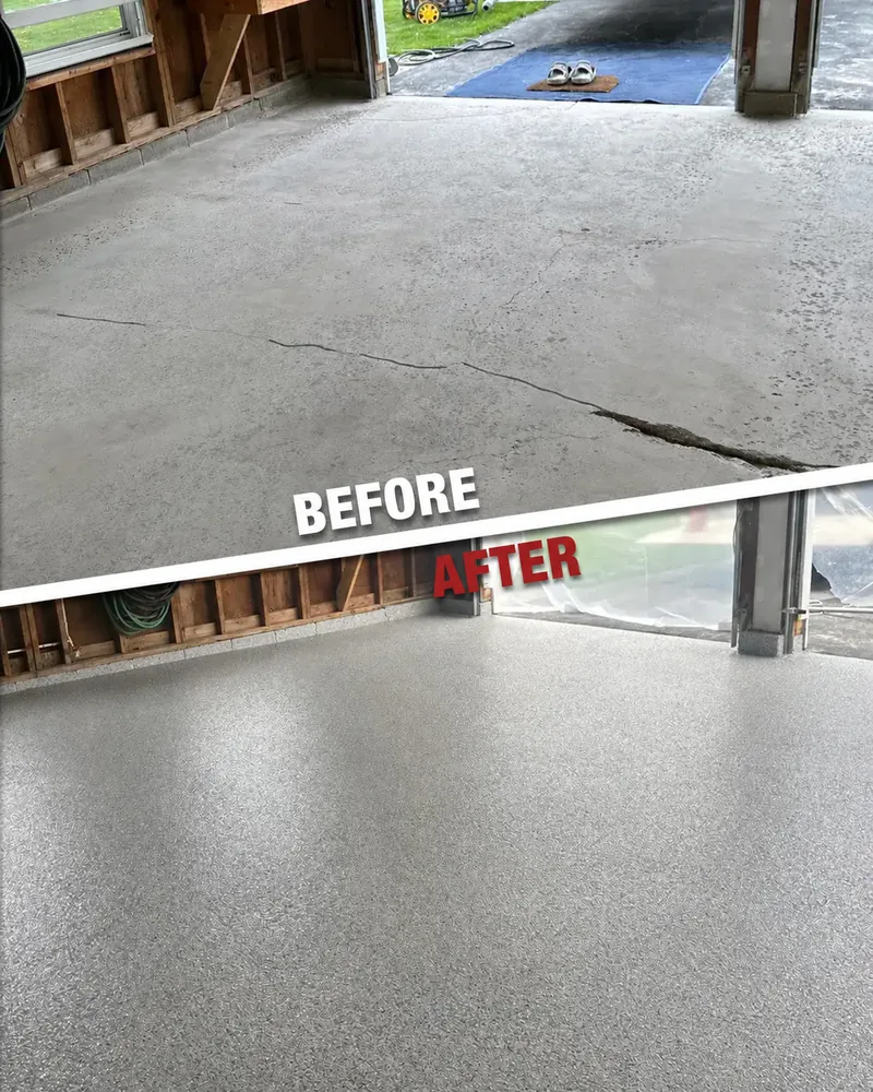 A worn garage slab above the completed gray flake floor in the same space.