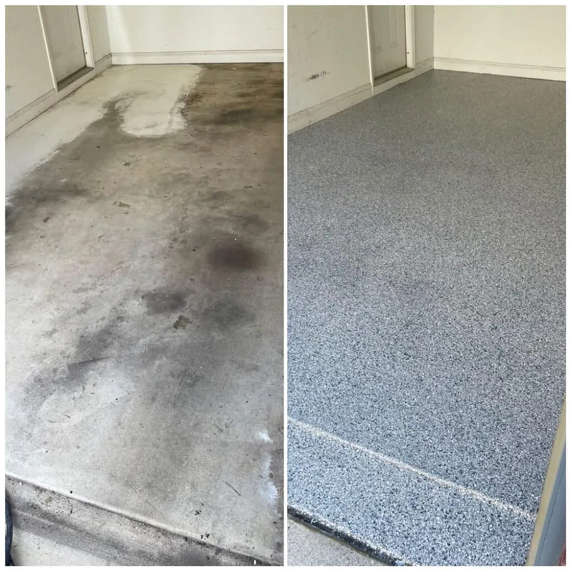 A stained garage slab beside the finished gray flake floor in the same space.