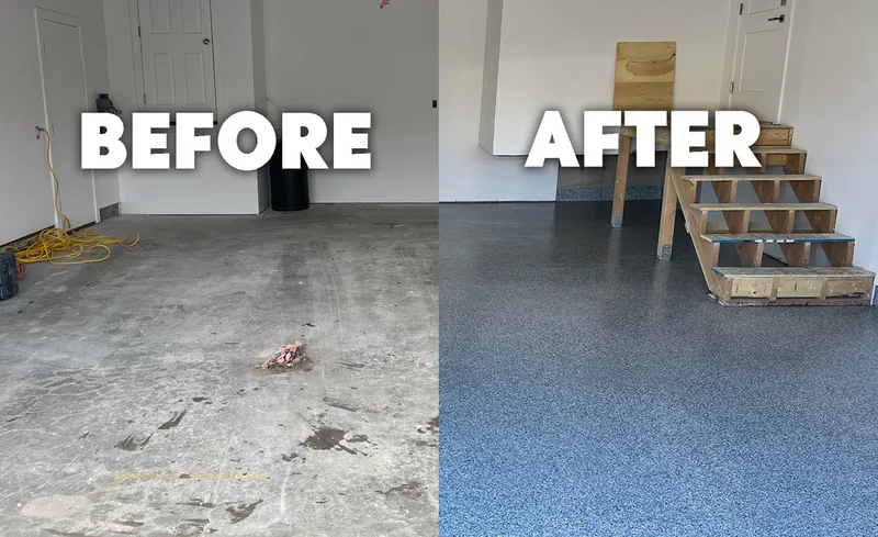 Before and after views of a garage with timber steps and a gray flake floor finish.
