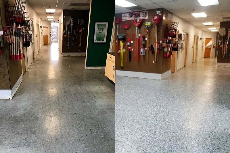 Before and after floor views along a hardware-store aisle lined with tools.
