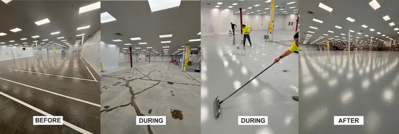 Four views of an industrial floor showing its original condition, preparation, coating application and finished surface.