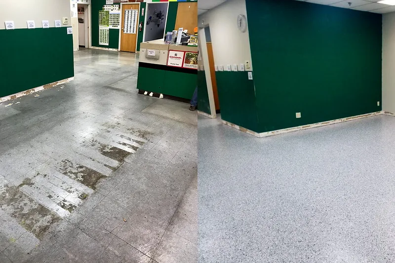 A green-walled retail space before and after a light speckled floor finish.