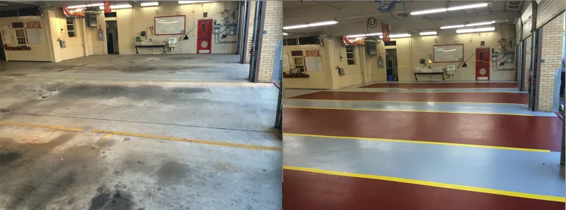 A service garage before and after coating, showing red floor areas and yellow bay markings.
