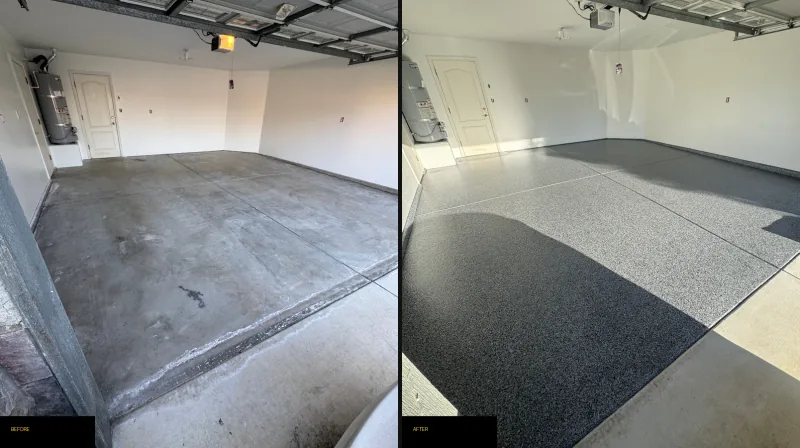 A bare concrete garage floor beside the coated floor, with sunlight across the doorway.