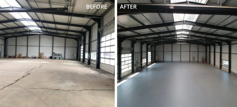 A warehouse slab with visible cracks beside the completed gray floor in the same building.